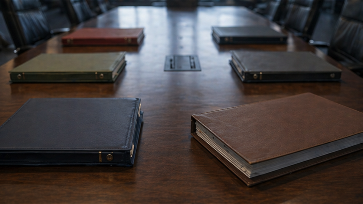 Multiple sealed document folders around an empty conference table