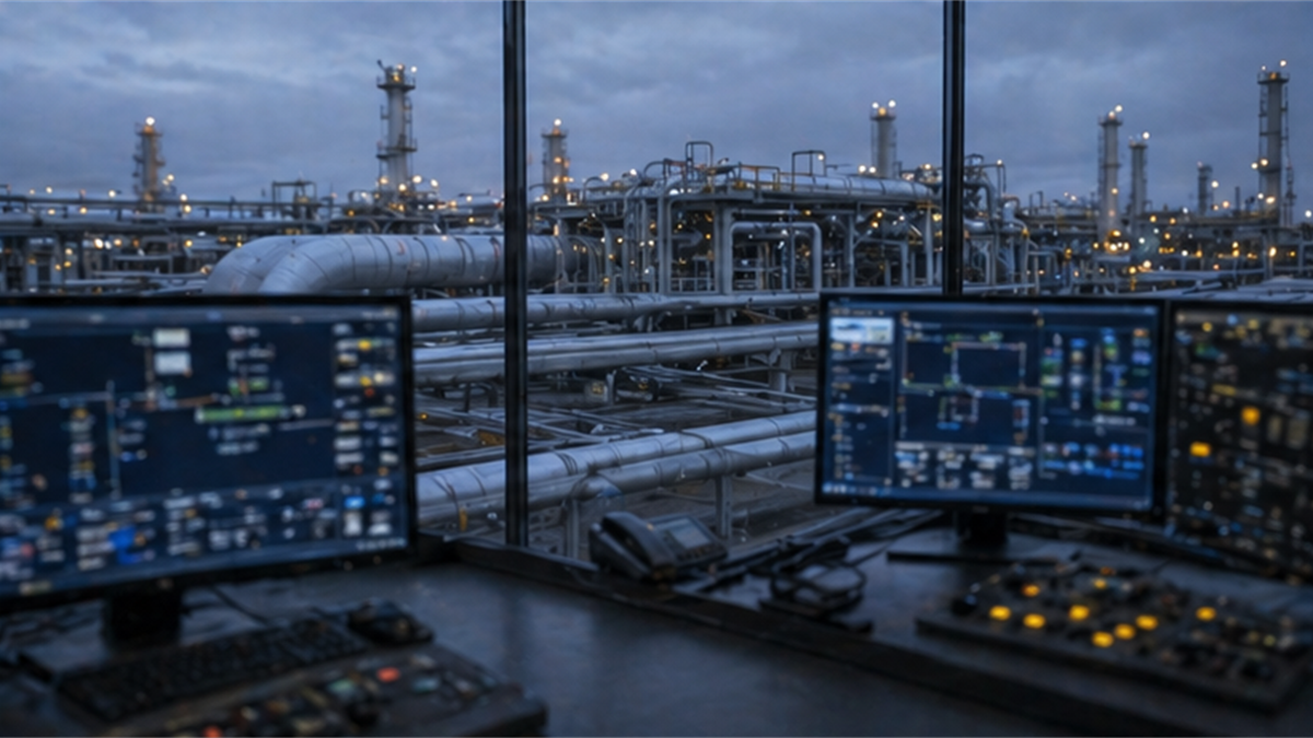 Industrial gas facility control room with pipeline equipment and blurred monitoring screens