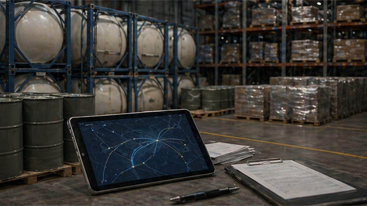 Logistics warehouse with fuel tanks, pallets, and an abstract route tablet