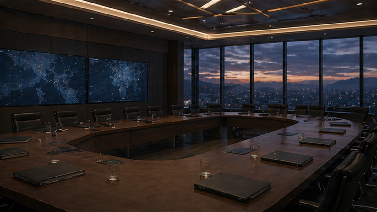 Empty diplomatic conference room at dusk with muted maps and closed documents
