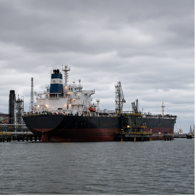 Crude oil tanker at an overcast sea terminal