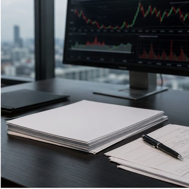 Energy market desk with blank waiver documents