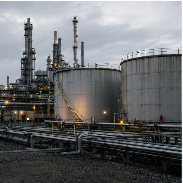 Refinery storage tanks and pipes under gray evening light