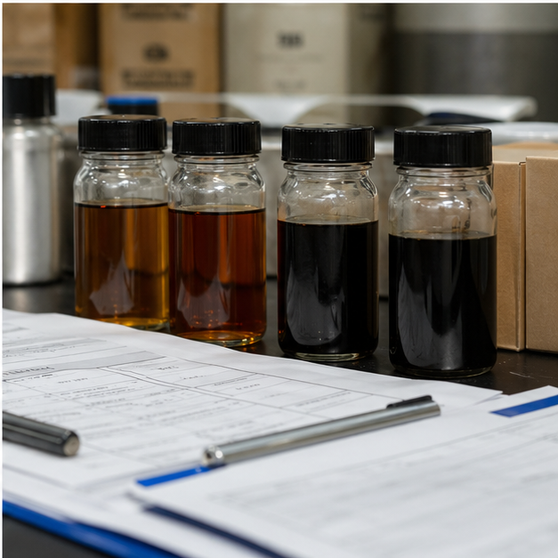Oil sample bottles and unreadable shipping paperwork