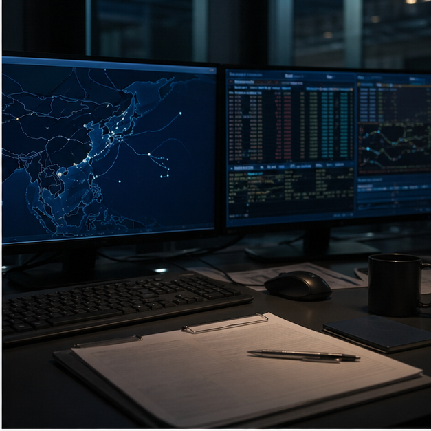 Energy security desk with abstract LNG route map and blank documents