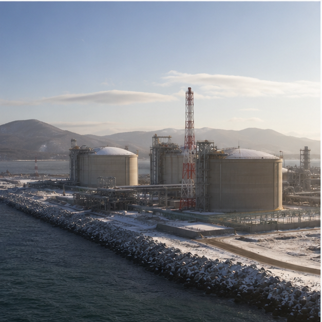 Japanese coastal gas terminal with storage tanks in winter light