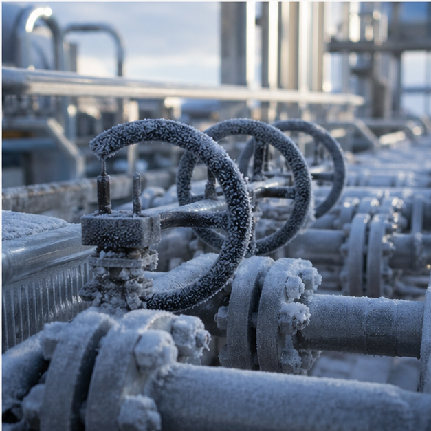 Frosted tanker pipeline valves at an LNG terminal