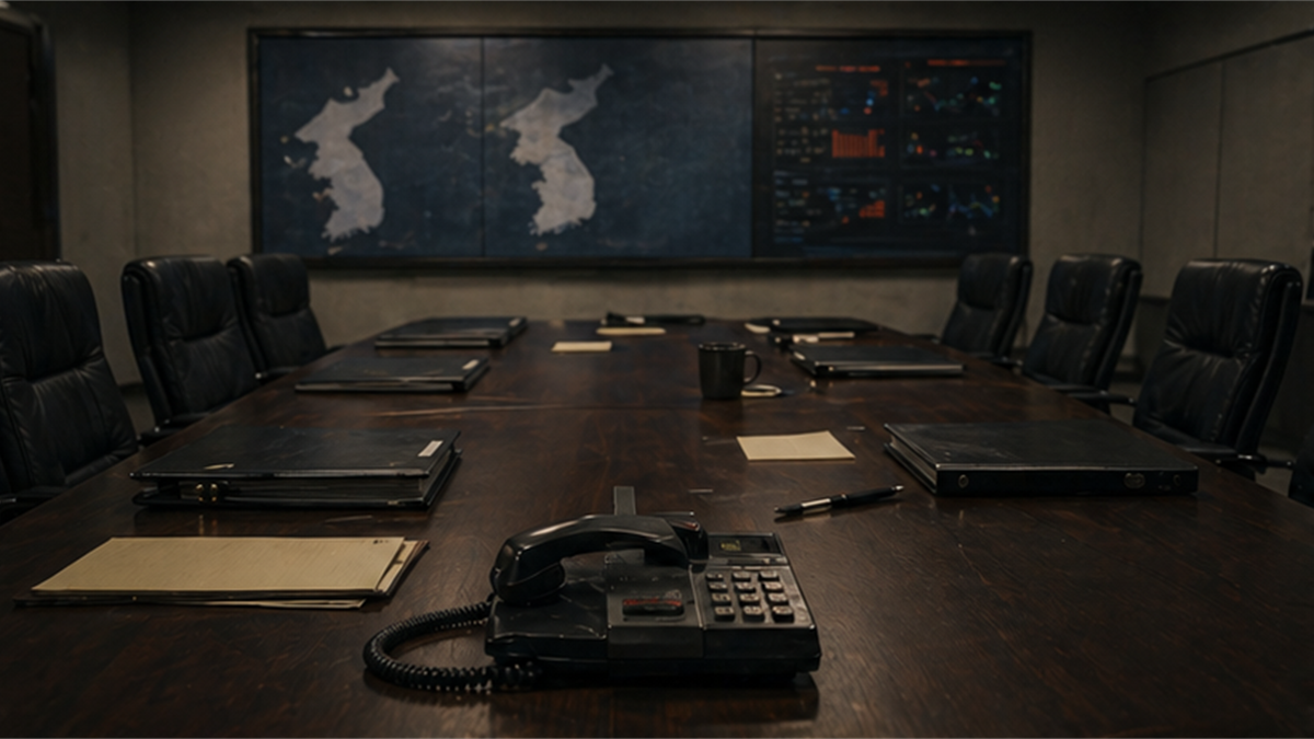 Empty crisis briefing room with 1990s phone and closed folders