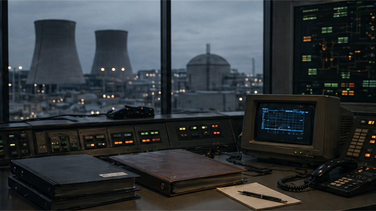 Generic nuclear facility monitoring desk with industrial cooling towers