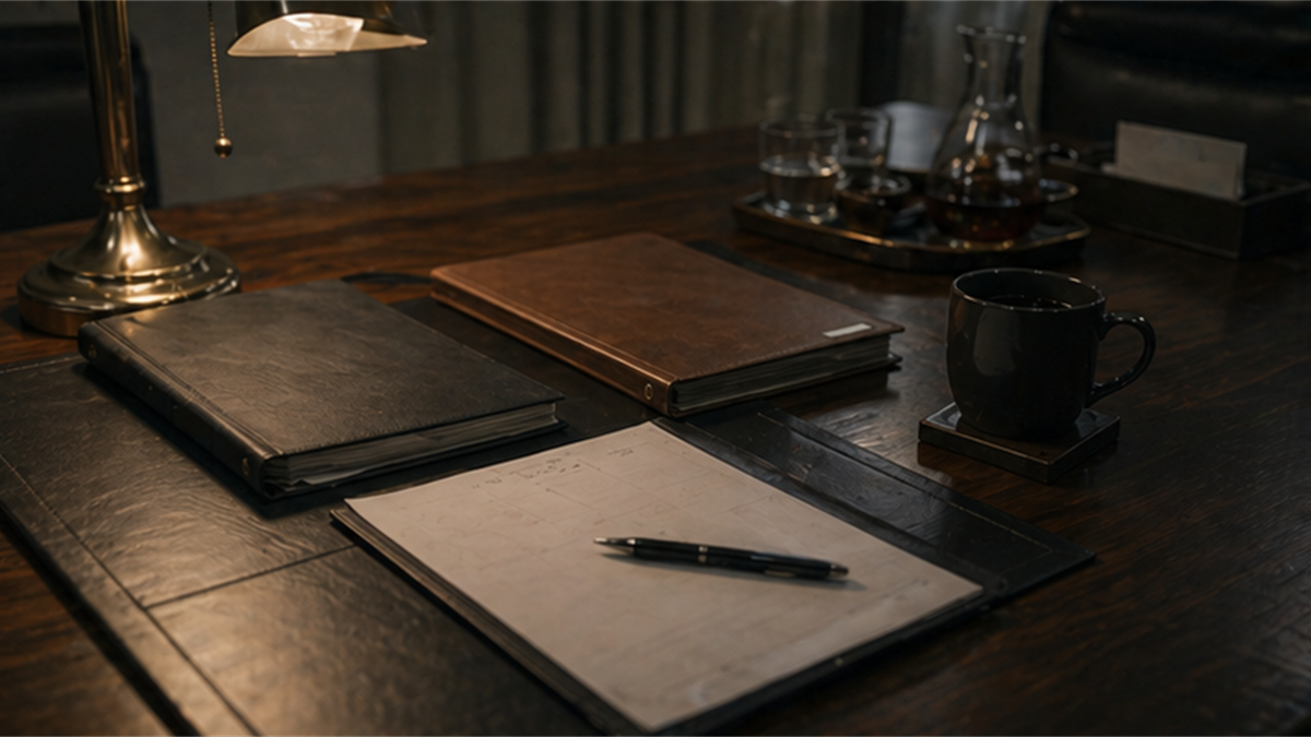 Diplomatic exit desk with a blank agreement draft and closed folders