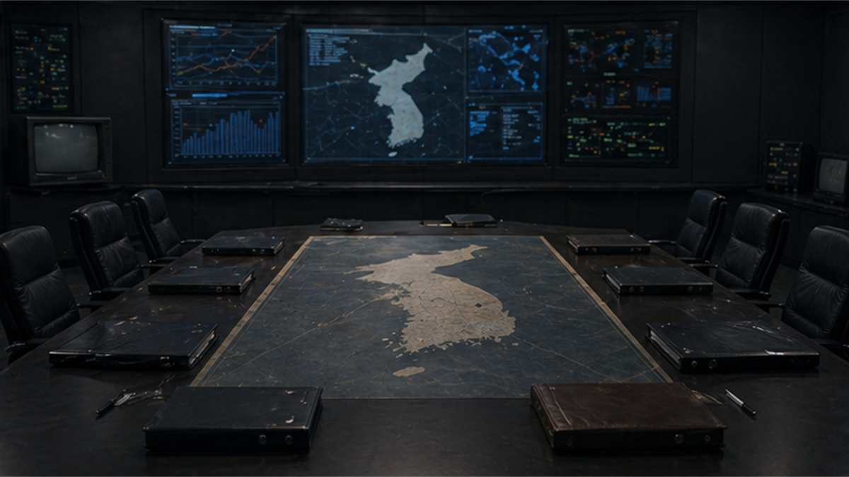 1990s security analysis room with muted screens and closed binders