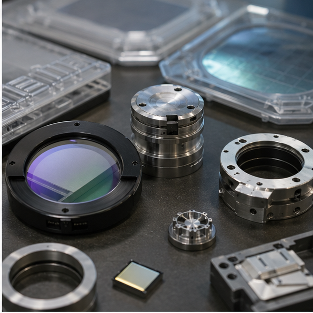 Precision optics or chip tool components on a clean workbench