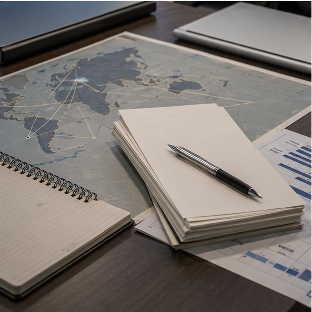 Policy desk with blank trade papers and chip supply map