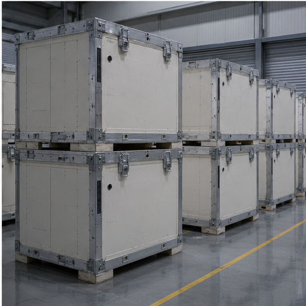 Export logistics crates in a clean industrial bay