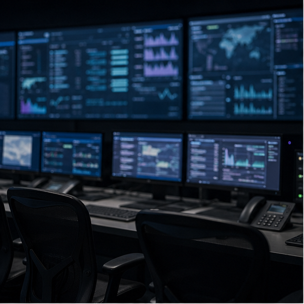 Empty monitoring room with blurred dashboards only