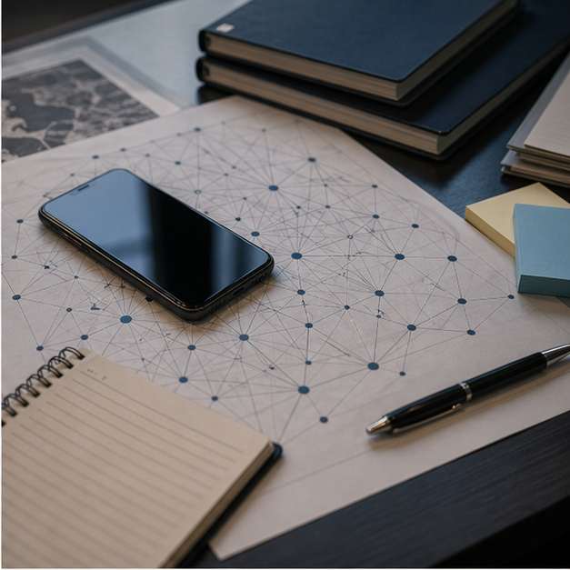 Analyst desk with smartphone and abstract network diagram