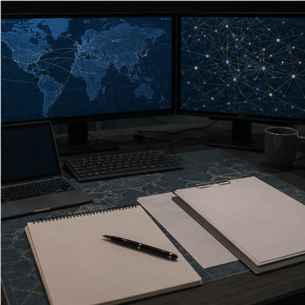 Cyber operations desk with blank papers and map screens