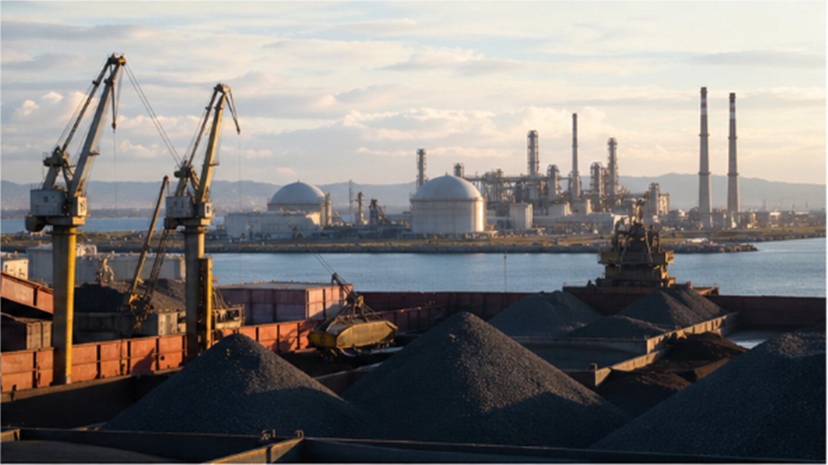 Industrial port with cranes, bulk minerals, and energy facilities