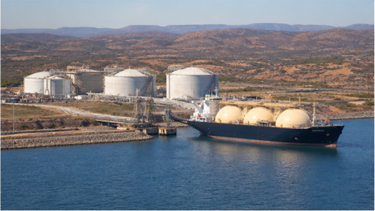 Large LNG tanker at a coastal terminal backed by dry hills