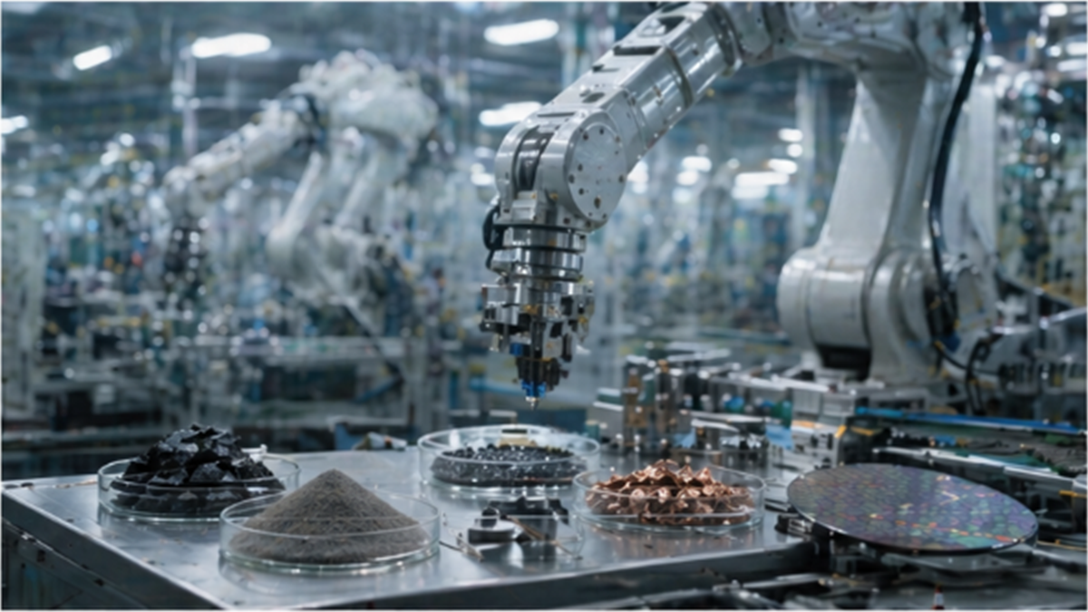 Robotic manufacturing line with mineral samples and precision materials