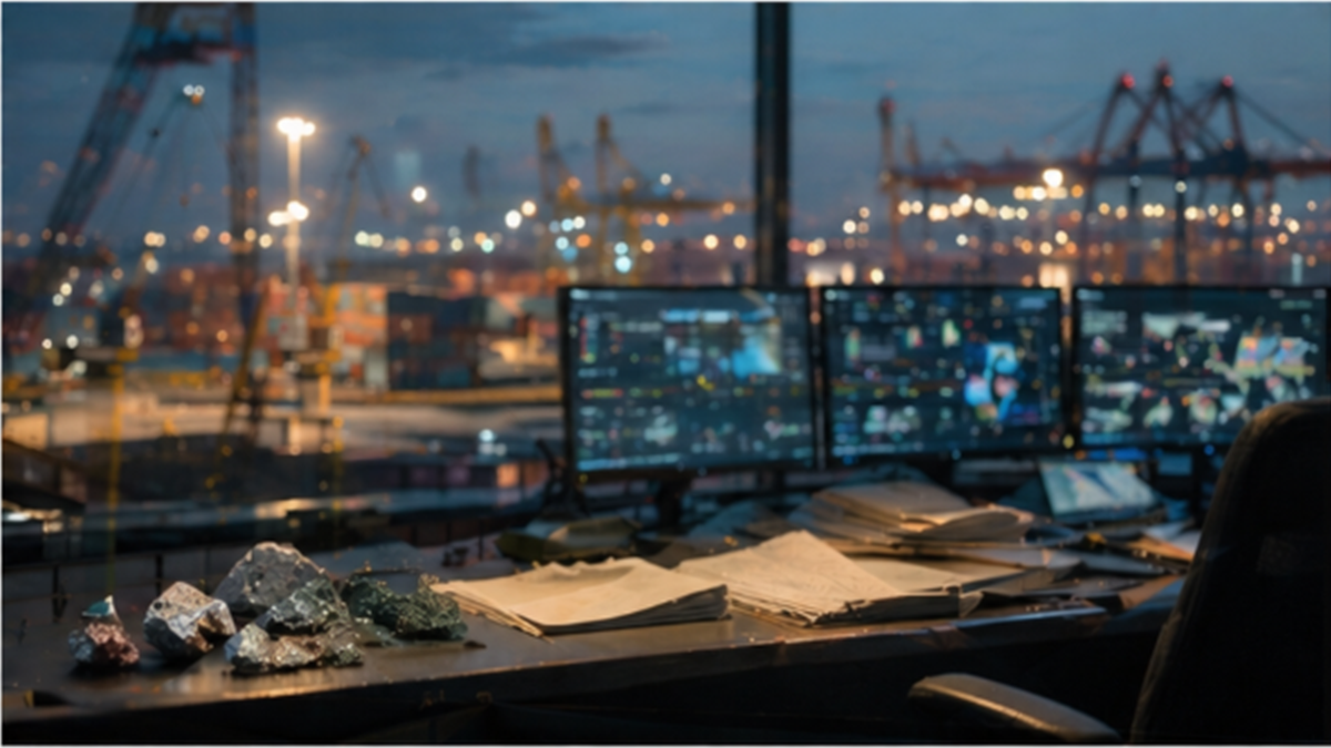 Procurement monitoring room overlooking port containers and mineral samples