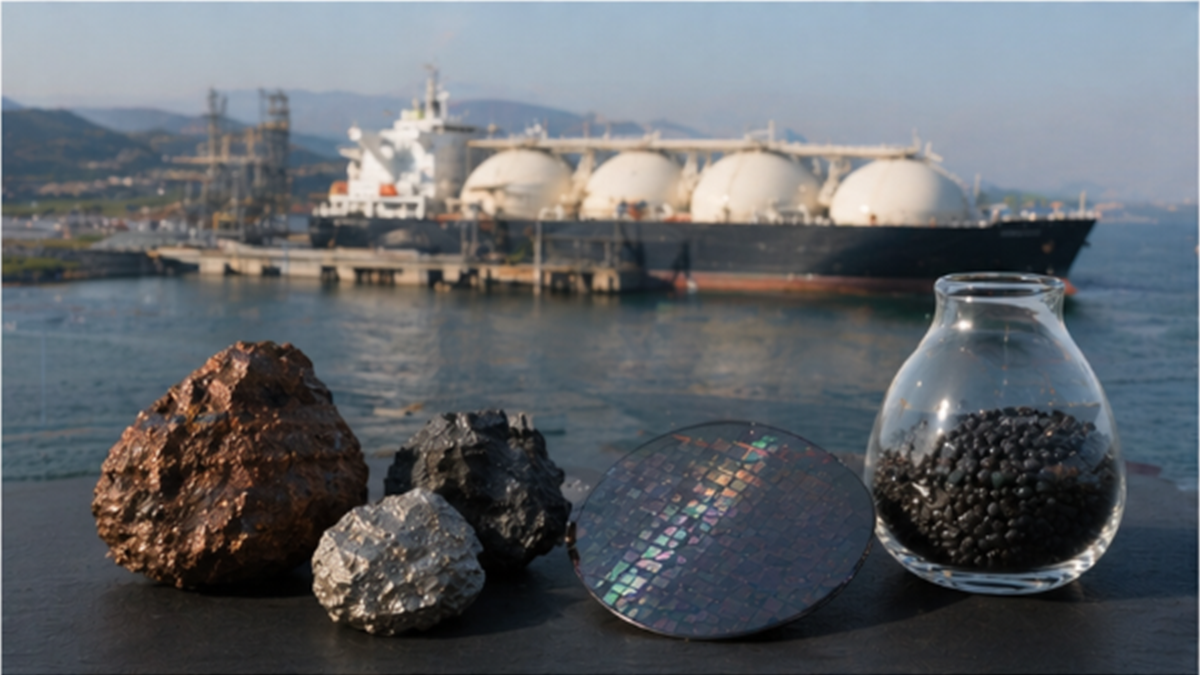 Ore samples and a semiconductor wafer with an LNG ship in the distance