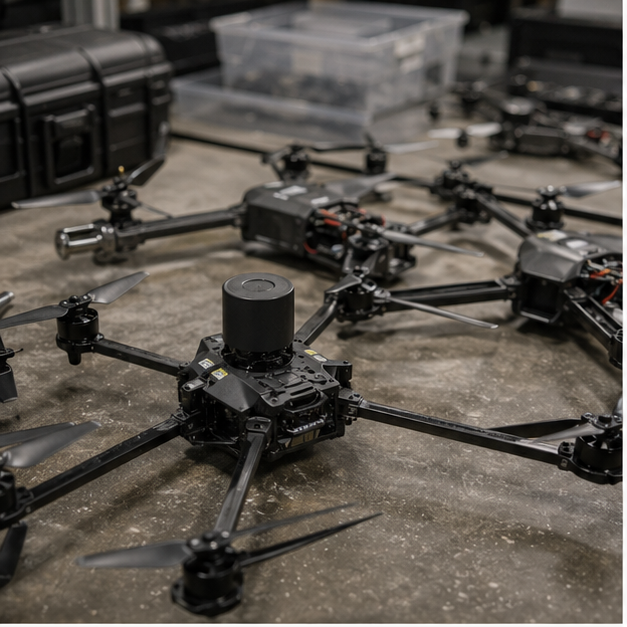 Small interceptor style drones on a workbench