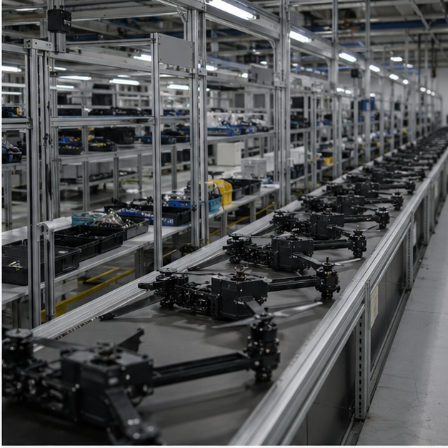 Industrial drone assembly line without branding