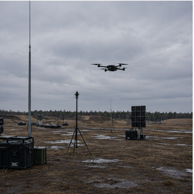 Outdoor drone test range under gray sky