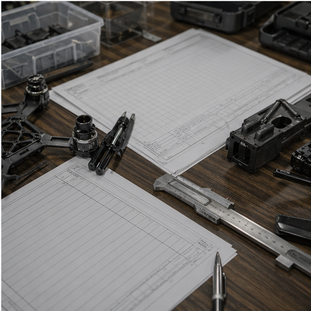 Planning desk with blank production sheets and drone components