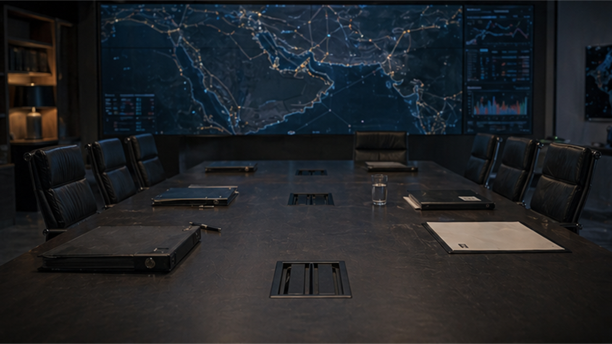 Empty high-level decision room with closed folders and regional route screens