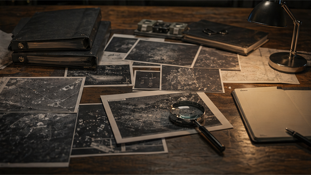 Intelligence assessment desk with sealed folders and abstract satellite imagery