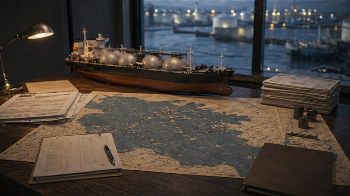 Hormuz logistics desk with tanker model and unlabeled sea-lane chart