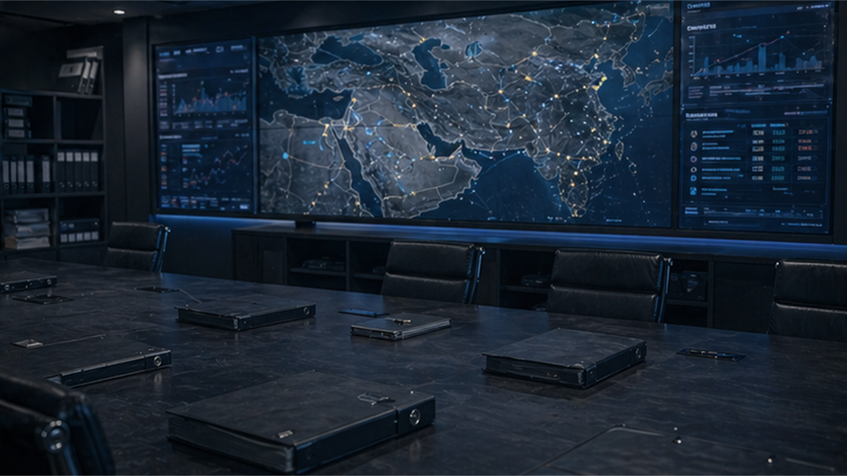 Empty alliance coordination room with abstract regional map screens