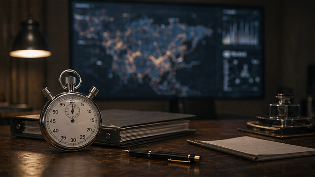 Empty diplomatic briefing desk with a stopwatch, closed folders, and a muted abstract conflict screen