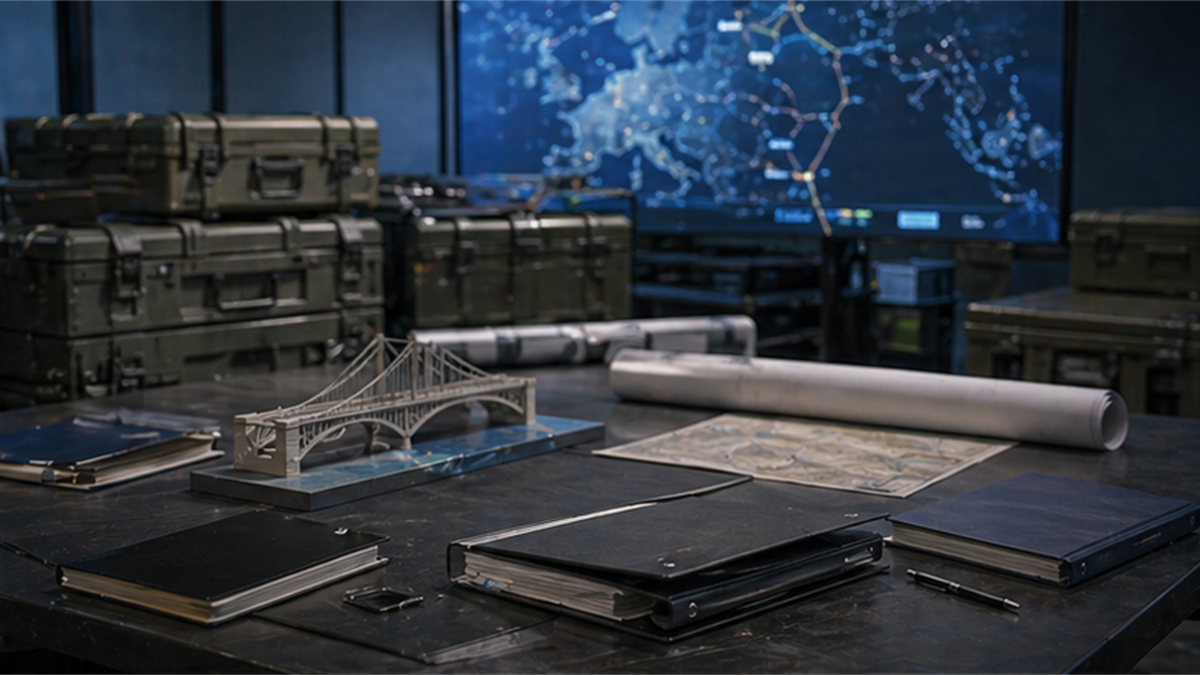 Reconstruction and security guarantee desk with closed binders, a bridge model, and logistics crates