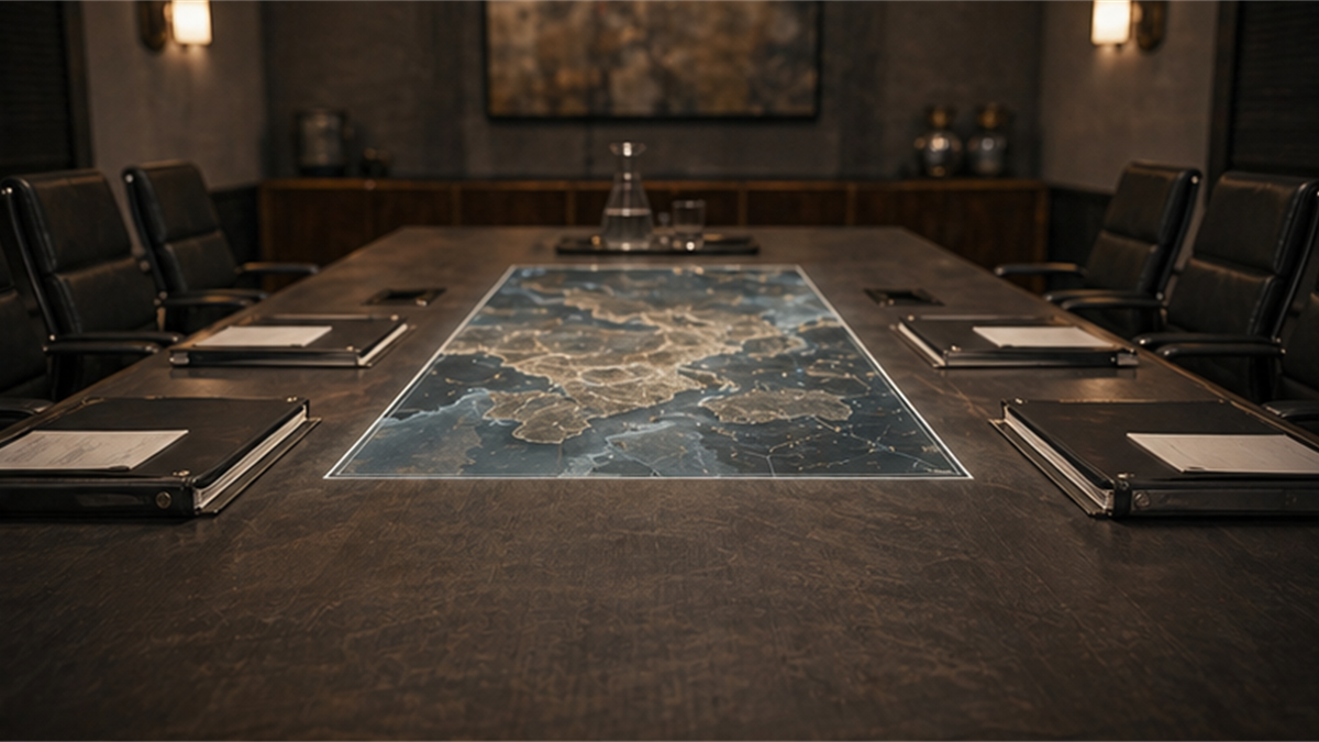 Negotiation room with closed binders facing each other across an unlabeled map table