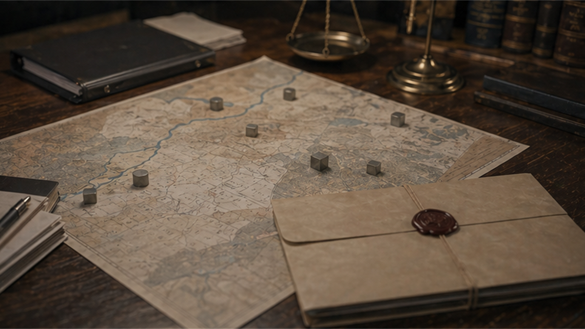 Legal policy desk with a blank territorial map, sealed folder, and neutral boundary markers