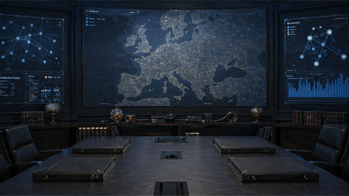 Empty alliance policy room with closed binders, abstract network screens, and an unlabeled Europe map