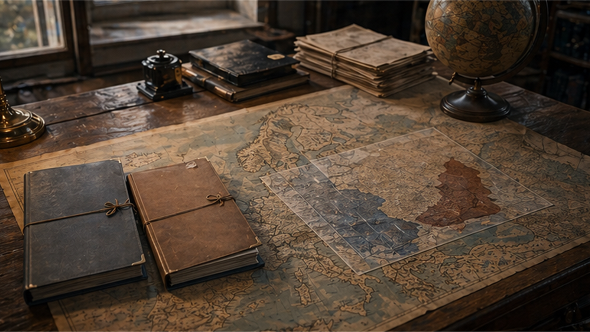 Archive desk with two precedent folders, an unlabeled Europe map, and neutral boundary overlays