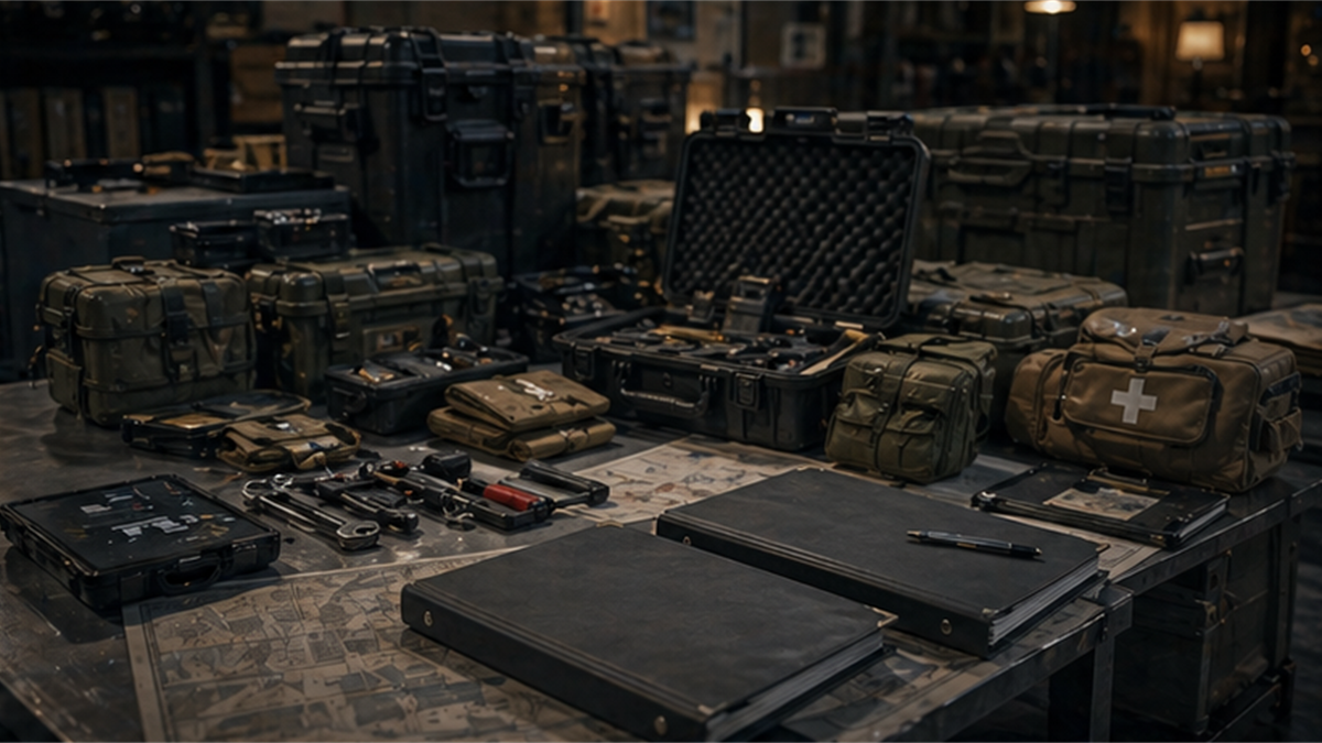 Defense sustainment planning table with training cases, medical kits, tools, and closed folders