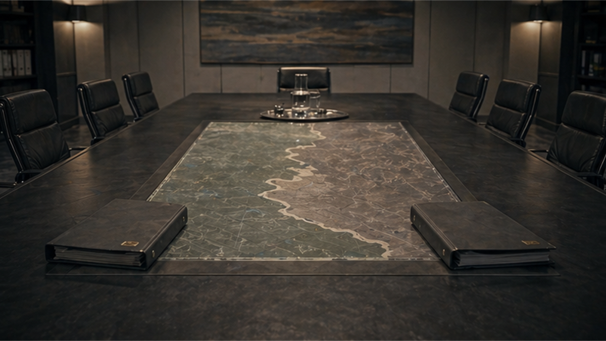 Empty negotiation room with a central neutral-zone map under glass and closed binders set apart