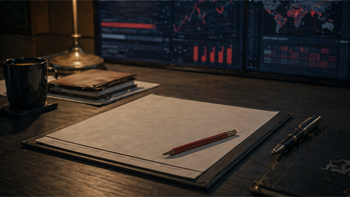 Quiet policy desk with a blank ceasefire draft, red pencil, and muted warning dashboard