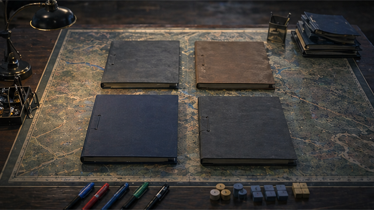 Scenario planning table with four blank folders, an unlabeled map, and colored markers