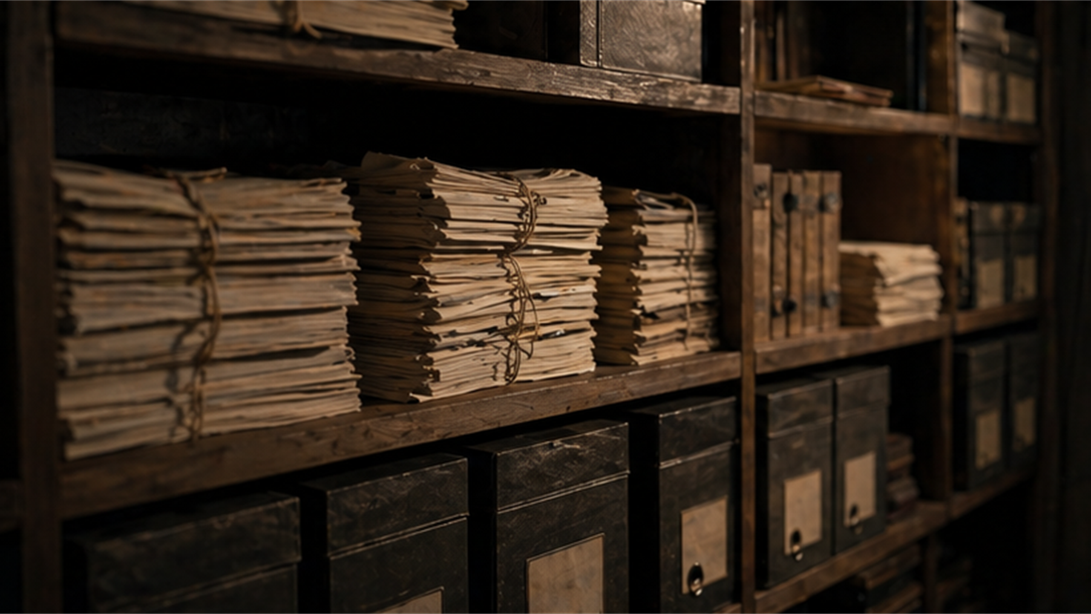 Treaty archive shelf with tied document bundles and unlabeled index boxes