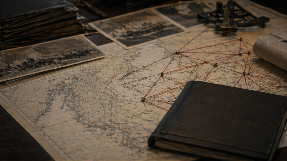 Period archive table with naval charts, route strings, old folders, and a closed book
