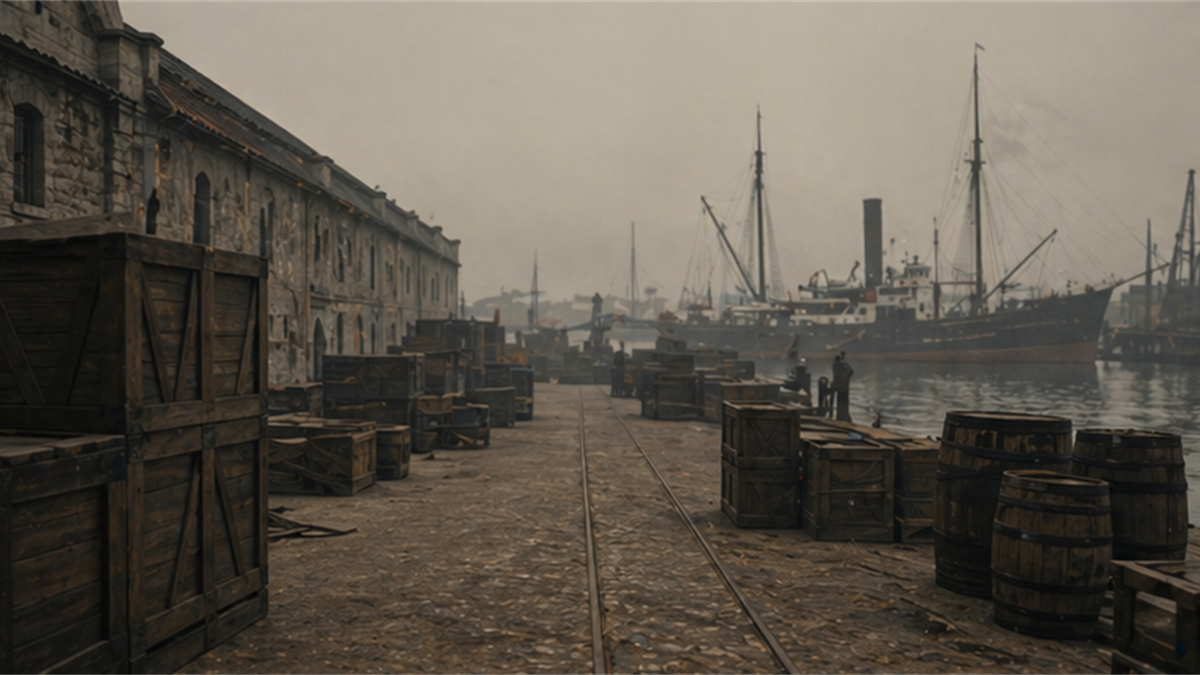 Quiet early twentieth century port warehouse with crates and harbor silhouettes