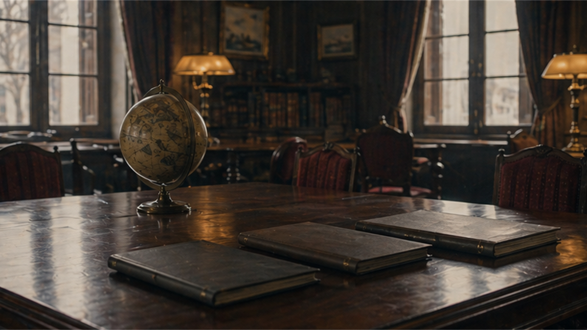 Empty diplomatic reading room with a globe, closed folders, and warm lamps