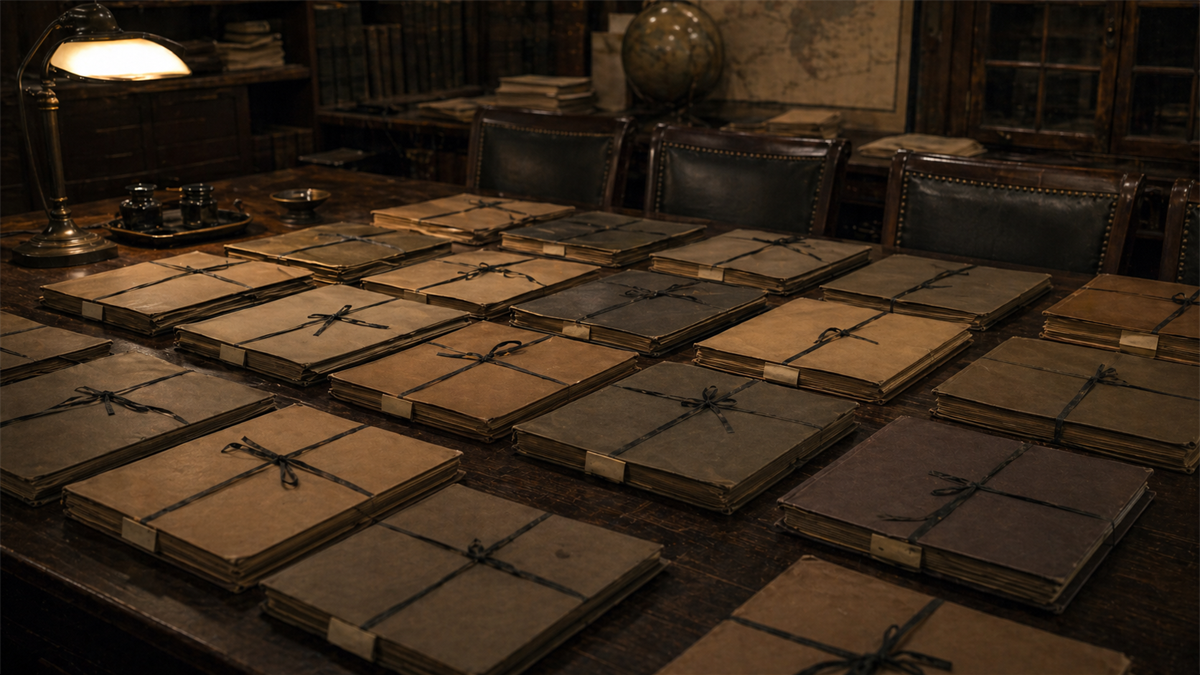 Long historical conference table covered with many plain sealed document folders