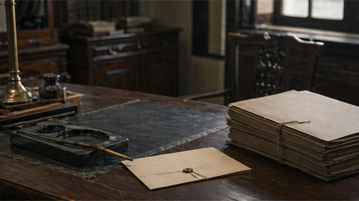 Empty early twentieth century government office desk with an inkstone, sealed folders, and a closed reply envelope
